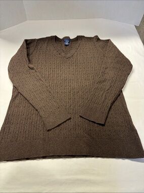 Basic Editions Brown Cable Knit V-Neck Sweater 70% Cotton